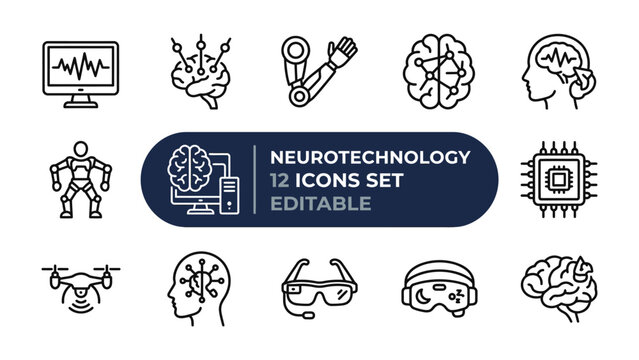 Neurotechnology Icons Set: A collection of 12 editable line icons representing various aspects of neurotechnology, including brain interfaces, robotics, and artificial intelligence.