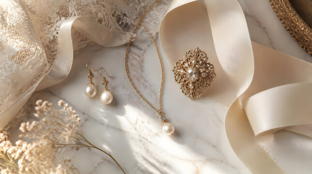 Delicate bridal jewelry arrangement featuring pearl earrings gold necklace crystals ornate brooch on white marble surface surrounded by soft beig
