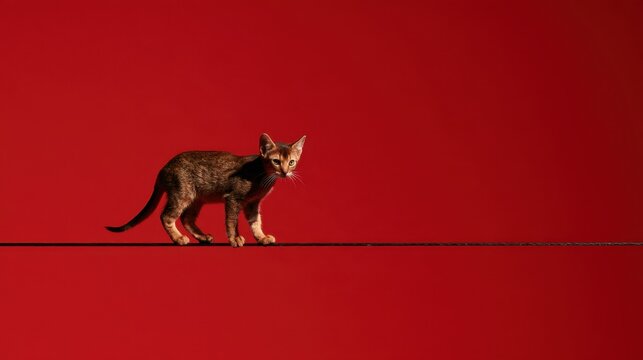 Small brown cat walking along a thin dark line on a vibrant red background with alert posture and focused gaze