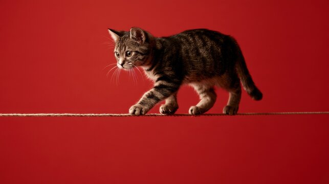 Young striped domestic cat carefully balancing and walking on a thin rope against vibrant red background in studio setting
