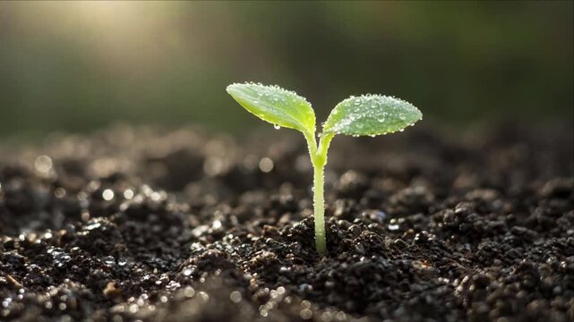 Seedling growth in rich soil at sunrise with dew drop morning light nature green matcha sprout fresh agriculture symbol of hope and new beginning eco friendly natural green hope