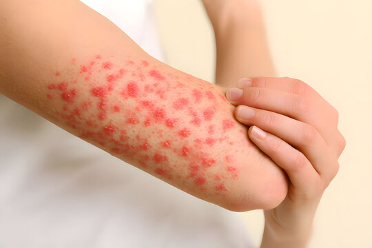 Conceptual digital art of human arm covered with vibrant red papules or acute contact dermatitis illness layout.