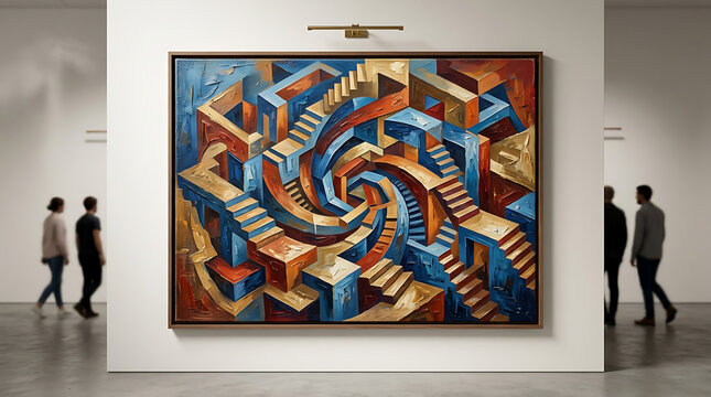 Abstract impossible architecture painting displayed on a white wall in an art gallery with two people viewing it