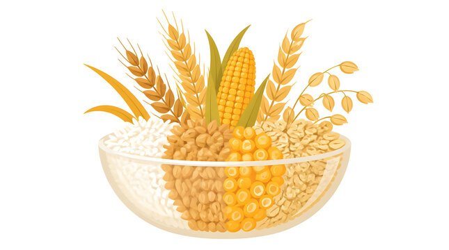 Glass bowl filled with corn kernels oats rice barley on plain background indoor setting