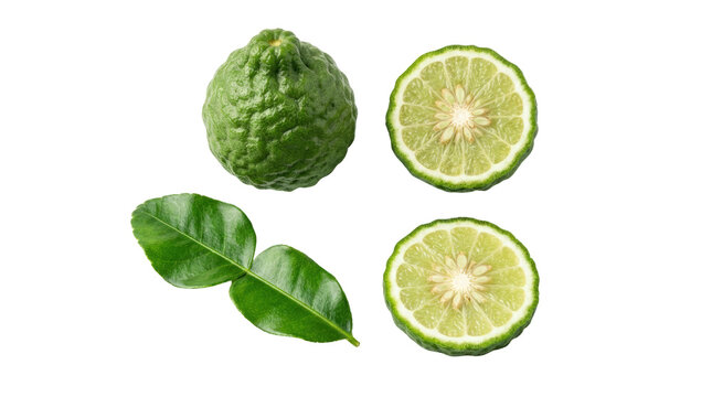 Fresh Kaffir Lime Fruit and Leaves Isolated on White Background.