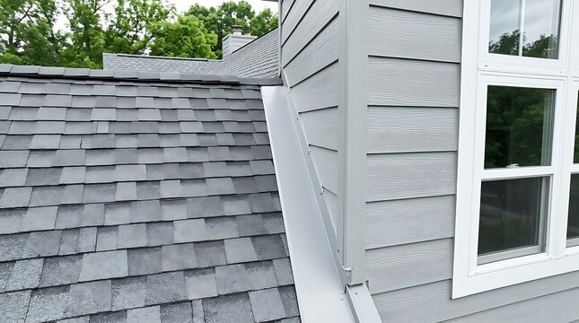 Closeup of roof flashing installed along the side of a house wall with grey siding and shingles, showing proper construction and weatherproofing details