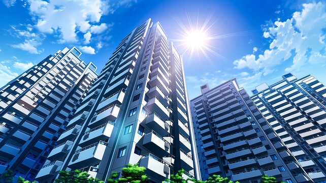 青空の下に建ち並ぶ高層マンション群のアニメ風イラスト