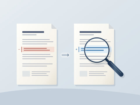 Document comparison with highlighted edits and magnifying glass