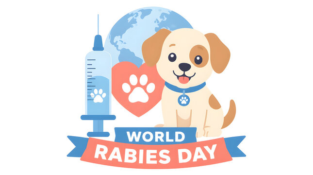 Vaccine syringe beside cartoon dog Earth heart global health awareness illustration