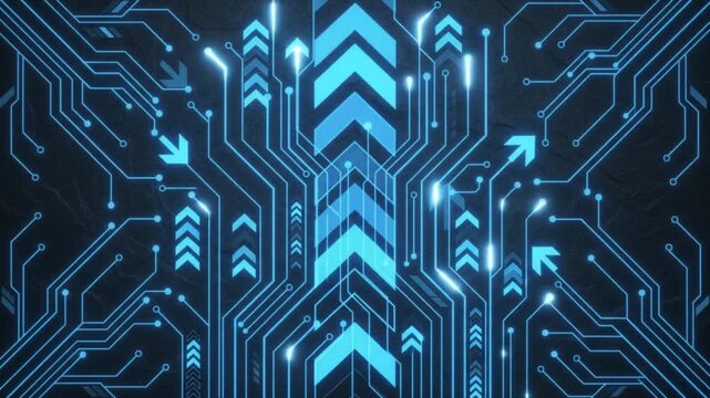 Abstract digital background with glowing blue arrows and interconnected electronic circuit lines