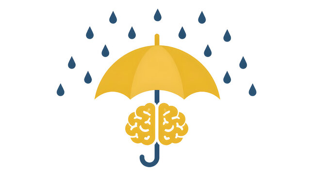 Brain protected by yellow umbrella from raindrops falling around it on rainy day flat vector illustration