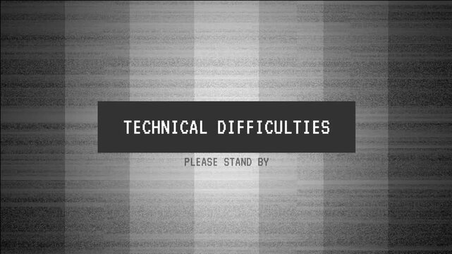 Technical Difficulties Text with Static Analog Glitch effect. No signal broadcast technical difficulties display. Technical difficulties text on retro gray television. 4K Video.