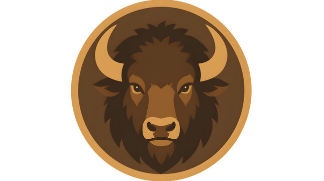 Bison head vector illustration curved horns nature wildlife brown gold circular background flat design