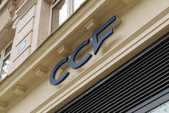 Paris, France - November 14 2025: CCF bank logo on the exterior of a classic Parisian building