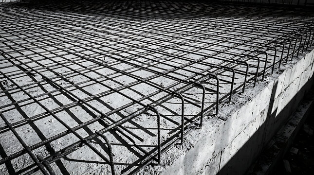 Steel rebar mesh reinforcement atop a concrete foundation at a construction site