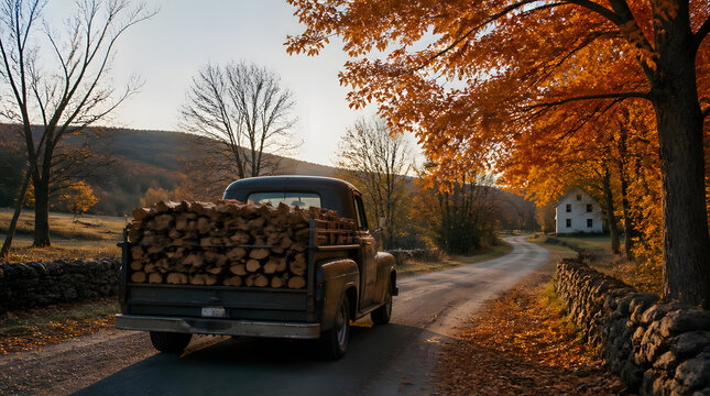 Rustic pickup truck loaded with wood logs parked on dirt road surrounded by golden autumn foliage under warm sunbeams
