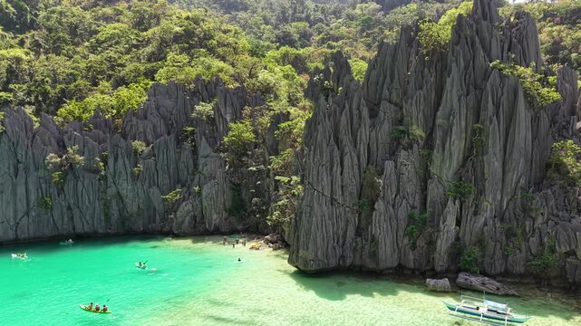 El Nido, Cadlao Island, Kayak tourism 2, Philippines. Aerial View. Video