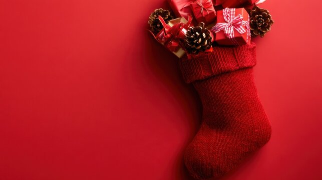 Cozy red Christmas sock filled with decorated gift boxes and natural pine cones on vibrant festive background with copy space for holiday message