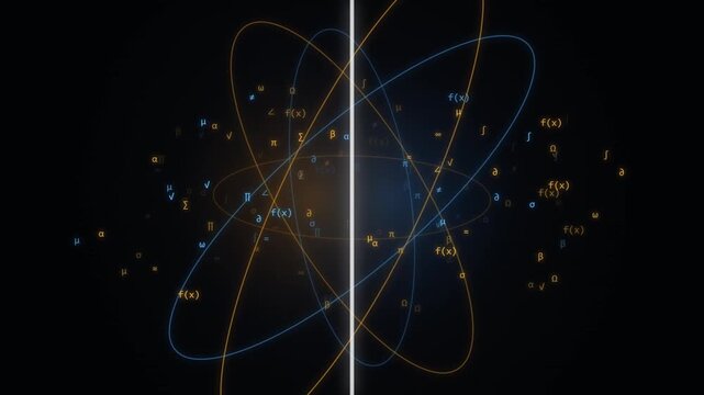 Digital rings orbit a central core of data points in a dark futuristic simulation simulation orbits cybernetic quantum mathematics loop network connection abstract