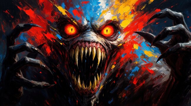Terrifying monster with glowing orange eyes, sharp teeth. Creepy demonic creature large claws, scary face. Dark fantasy art shows evil nightmare demon with colorful paint splashes. Horror concept