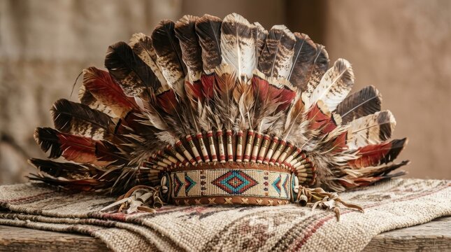 Native American feathered war bonnet with beaded headband on woven blanket. Close-up of eagle feather headdress craft. Indigenous culture and heritage. Traditional handmade regalia.