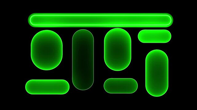 Glowing green neon shapes arranged as a digital interface on black