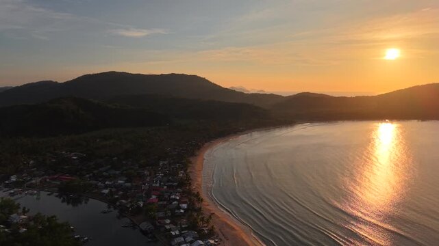 El Nido, Nacpan, Sunset in motion, Philippines. Aerial View. Video