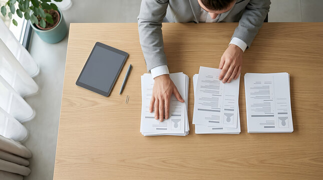 Recruiter Sorting Candidate CV Files and Documents with Digital Tablet in Modern Office
