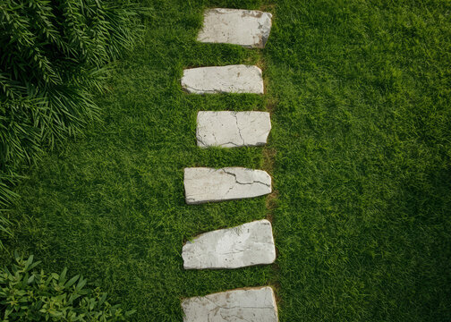 Top-down view of a stone path and green grass in a public park.