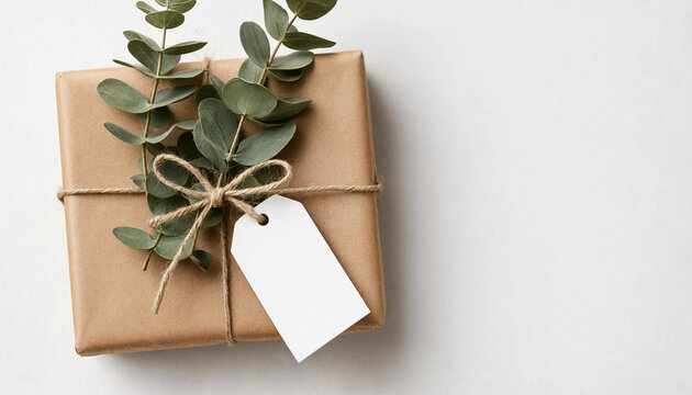 Wrapped present top view featuring brown kraft paper wrapping, rustic twine string bow, fresh green eucalyptus leaves, and a blank white gift tag on a clean light background