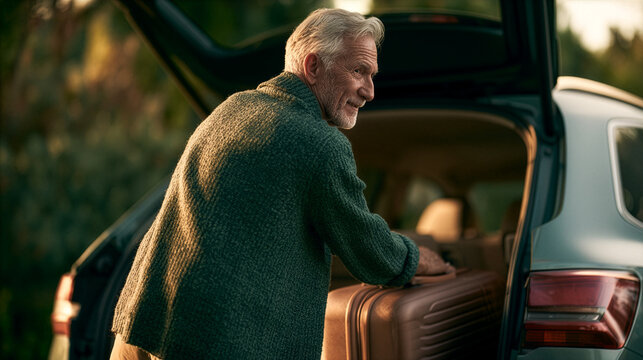 healthy older man confidently placing a suitcase into the trunk of a car before a weekend trip