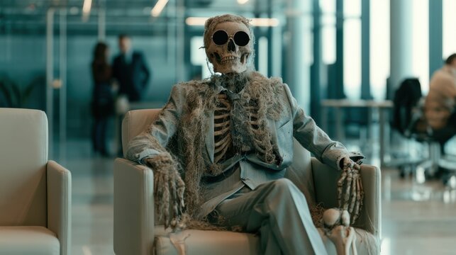 Skeleton wearing suit covered in cobwebs sitting on chair in modern office lobby with blurred people in background concept of waiting and time passing