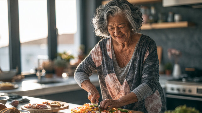 healthy senior woman confidently preparing a fresh breakfast in a bright Scandinavian kitchen, chopping colorful vegetables