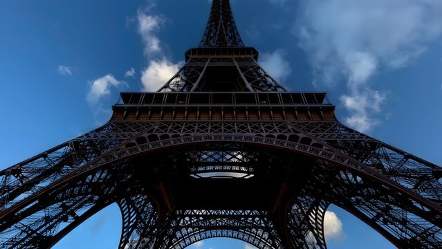 View of the iconic iron lattice structure of the Eiffel Tower reaching towards a clear blue sky with soft white clouds in Paris, Ile-de-France, France.