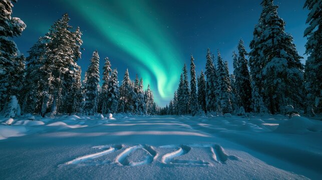 Northern lights glowing vivid green above snowy forest landscape with fresh snow and 2017 carved in snow in winter night