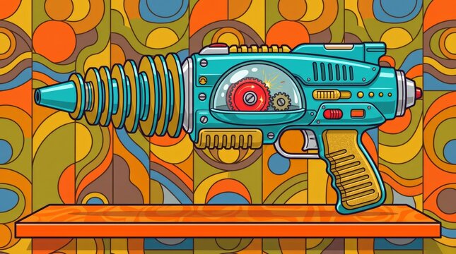 Retrofuturistic Space Raygun Blaster Toy On Wooden Shelf Vector Illustration