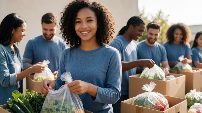 Group of diverse volunteers pack fresh vegetables, food supplies in cardboard boxes. Happy young people work together to distribute aid, help vulnerable community. Social workers provide humanitarian