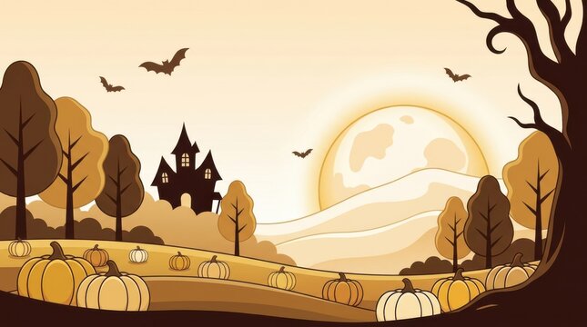 Spooky halloween landscape with pumpkins and haunted house under full moon