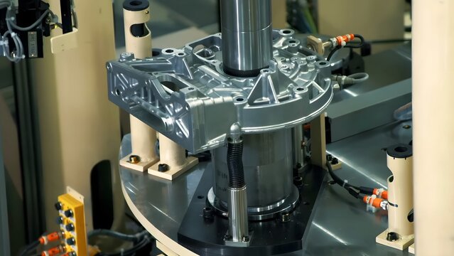View of a precision-engineered metal component being processed on an automated industrial assembly line at Auto Industriale Bergamasca S.p.A. in Dalmine, Lombardia, Italy.