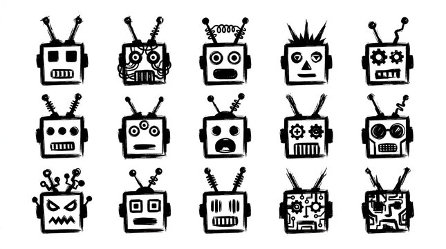 Set of brush stroke robot heads icons in grunge ink style