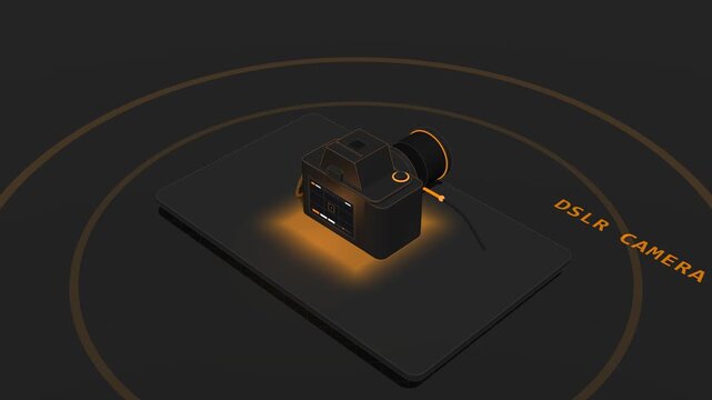 A dark isometric CAD-style 3D DSLR camera powers on: lens zooms and focuses, rear LCD screen boots camera UI, pop-up flash fires with shutter click sending data along tethered cable, then powers down.