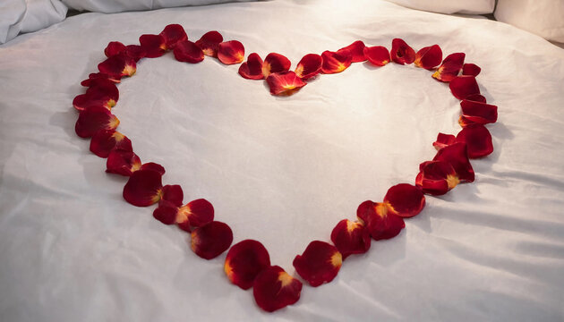 Heart shape formed by scattered deep red rose petals arranged neatly on a soft white bed sheet background for romantic occasions