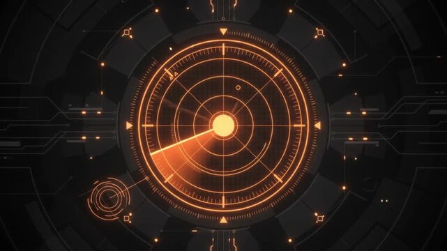Futuristic digital radar interface with glowing orange circle scan lines and technical data elements