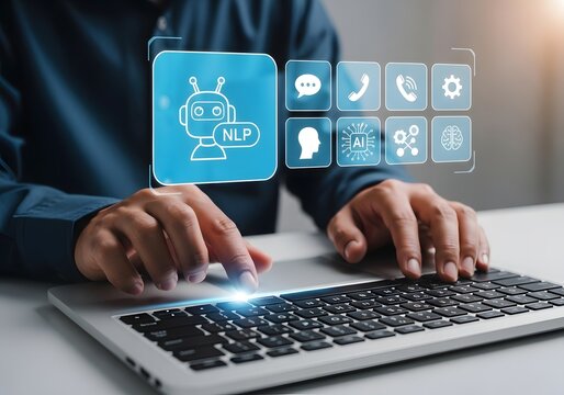Close-up of businessman typing on laptop with virtual natural language processing interface icons