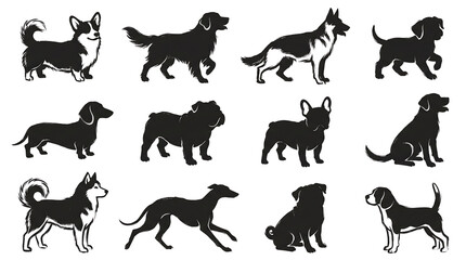Fototapeta premium Collection of Twelve Different Dog Breed Silhouettes in Black and White