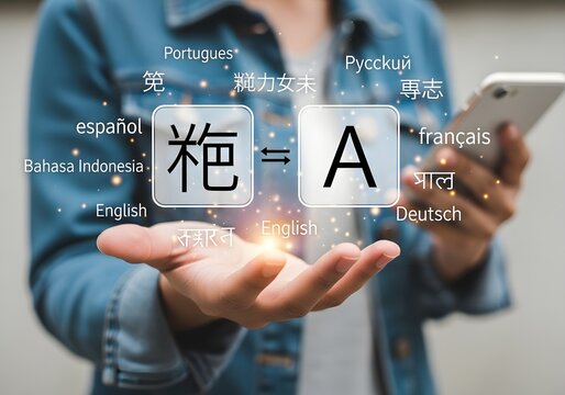 Person holding smartphone with multilingual translation application and floating language words