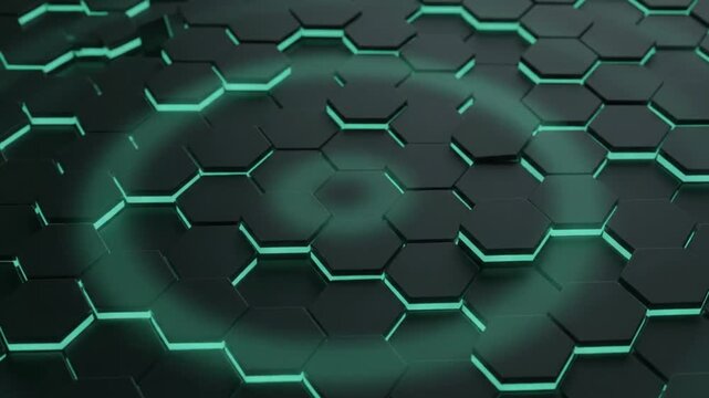Abstract futuristic background with glowing green hexagonal tiles and dark geometric shapes