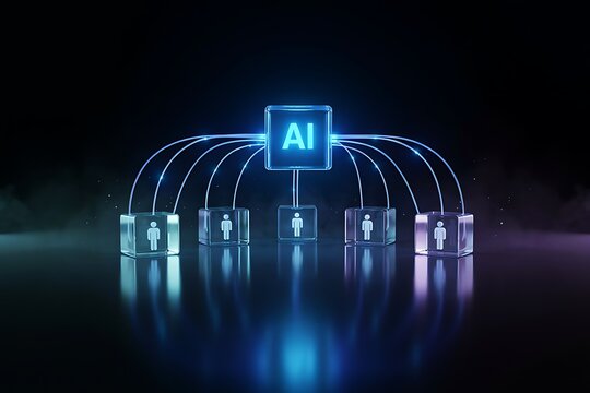Artificial intelligence network hub connecting to multiple user data points with intelligence artificial connectivity technology communication interface processing learning structure platform
