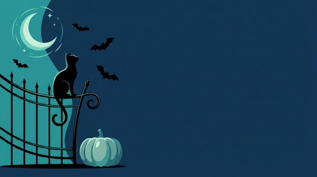 Black cat sitting on a fence with a pumpkin and bats under a crescent moon