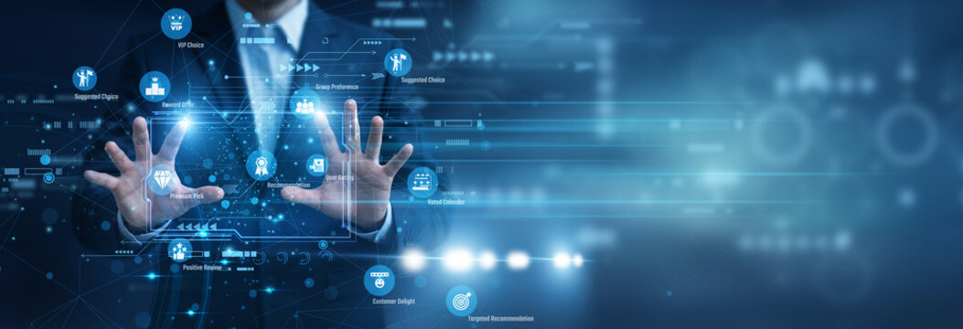 Data analyst carefully reviewing user behaviors. Using Hands to adjust product Recommendation engines on a dynamic Virtual Screen. Personalizing digital retail experiences for all clients.